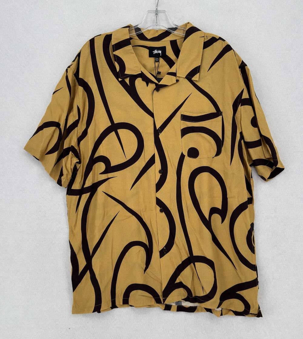 Stüssy Tribal Pattern Mustard Yellow Short Sleeve Button Down Shirt Sz 2XL NEW